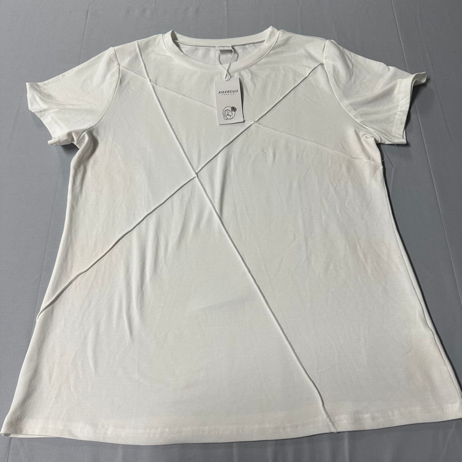 Xieerduo Fashion White Short Sleeve Crew Neck Tee Raised Seam Geometric Large